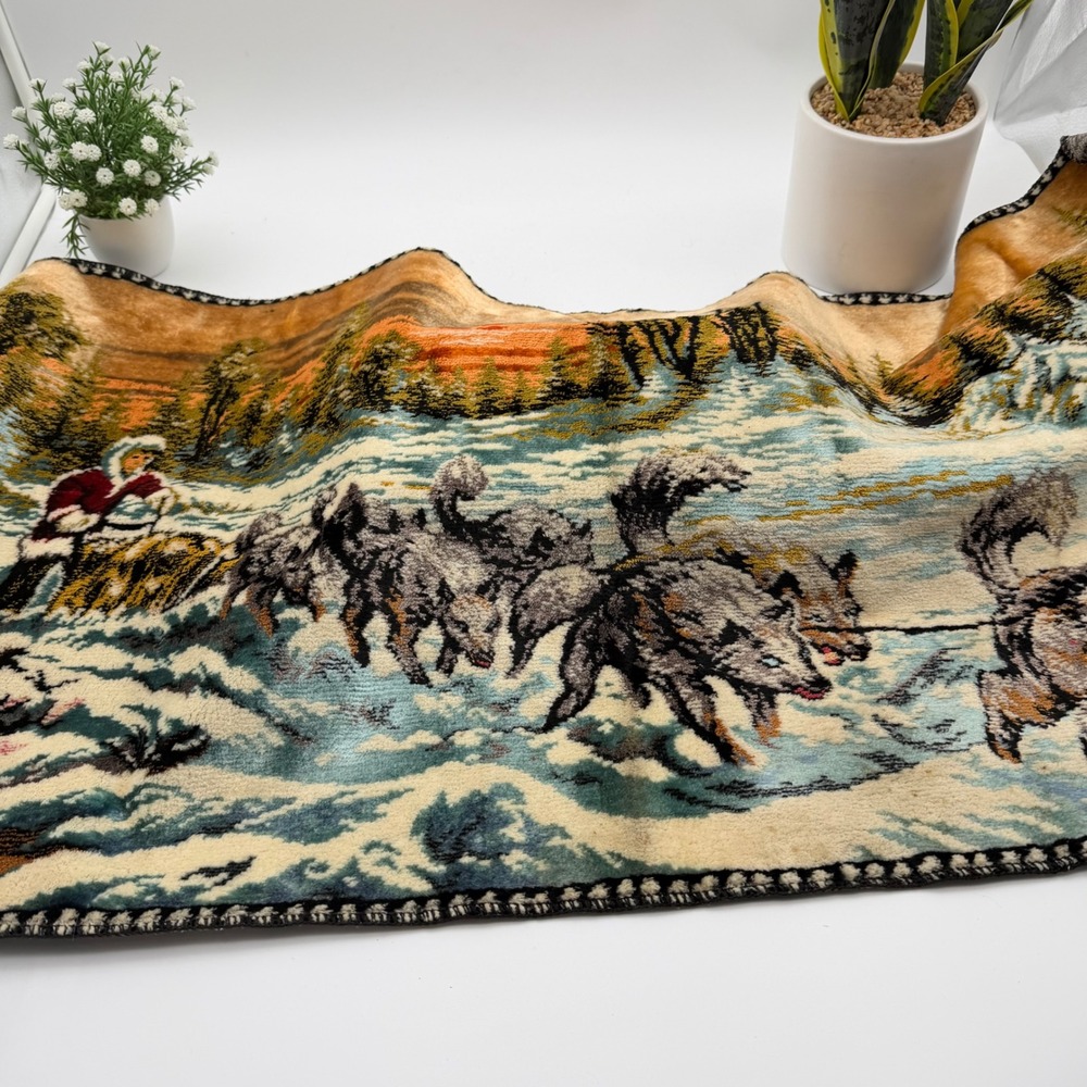 Vintage R.T. Co. Italy Dog Sled Wolf Team Plush Tapestry Wall Hanging 38x19